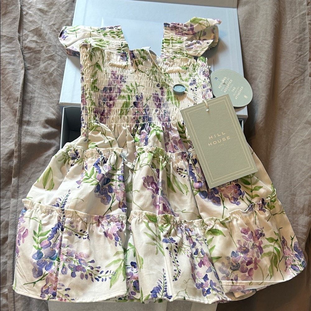 NWT Hill House Kids Cream Floral Smocked Sundress with Purple & Green Print